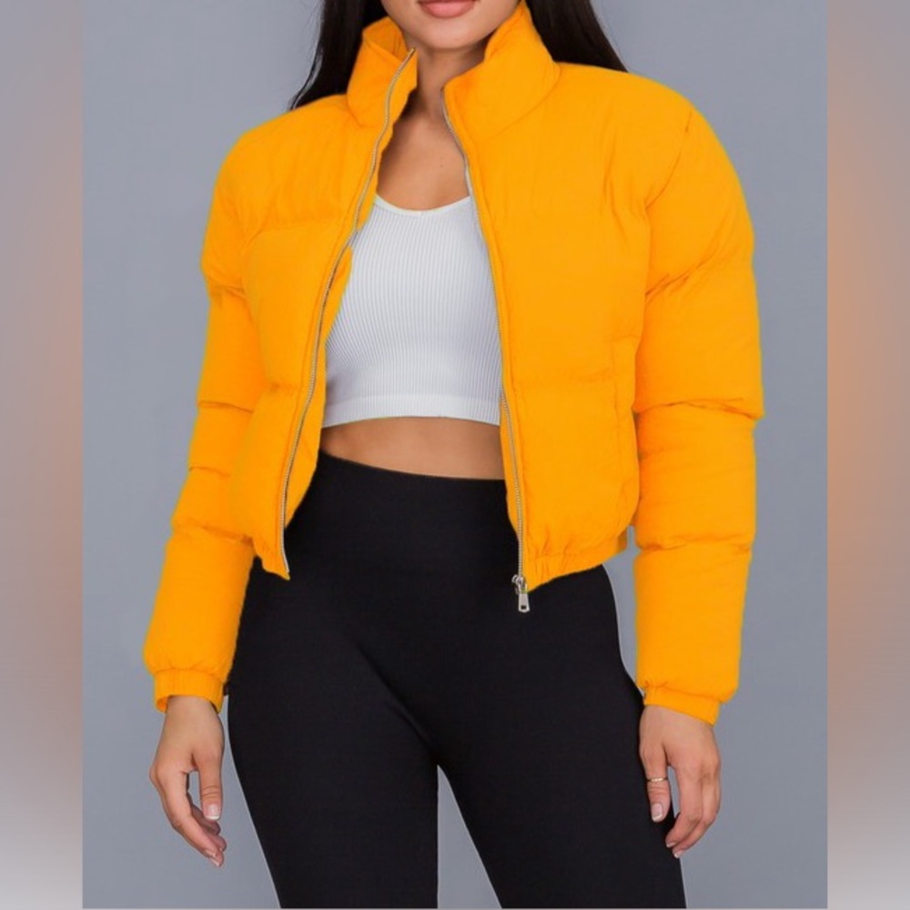 Orange puffer jacket #puffer-jacket